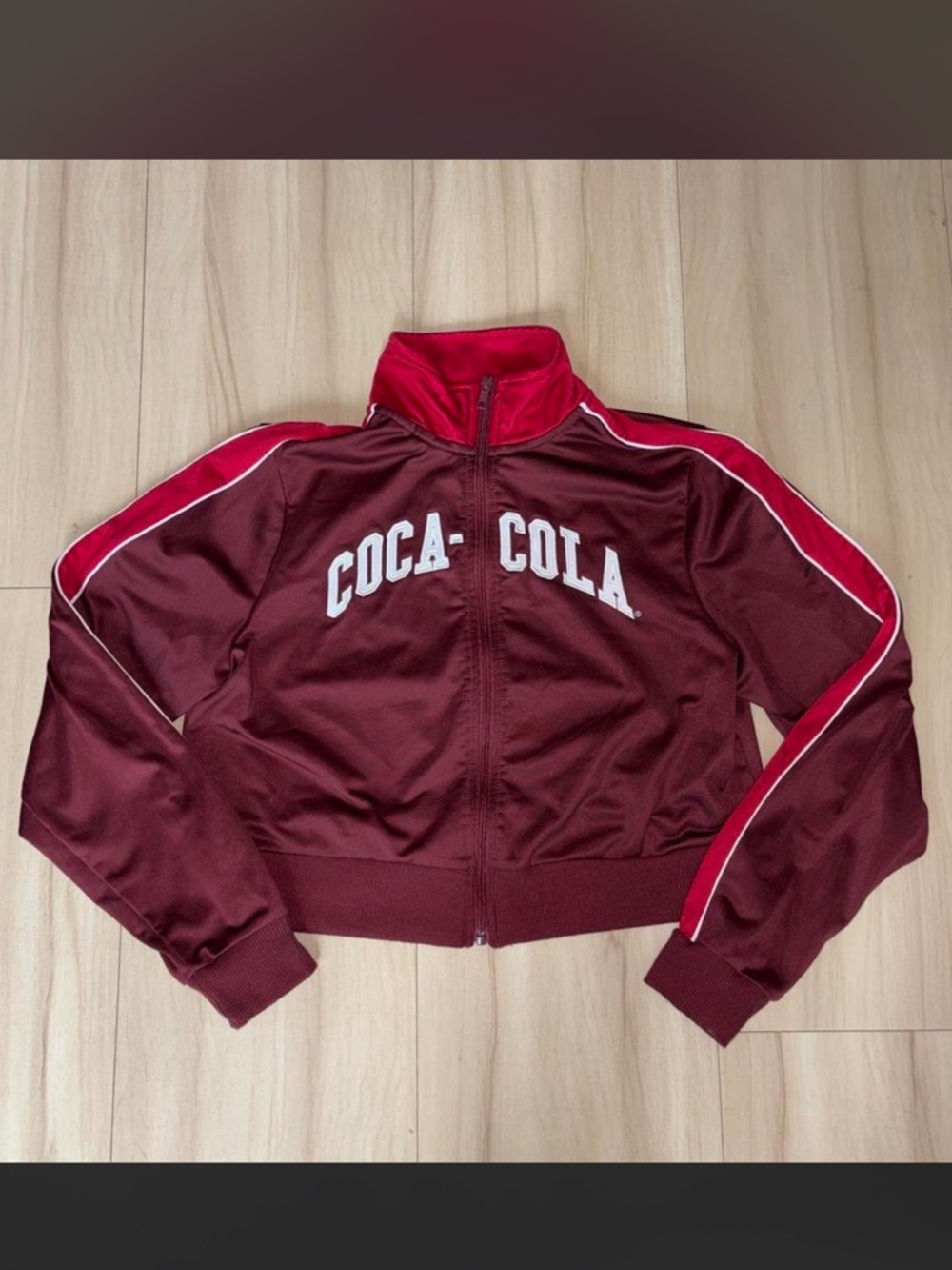Coca-Cola Burgundy & Red Logo Women’s Cropped Track Jacket - Size XS